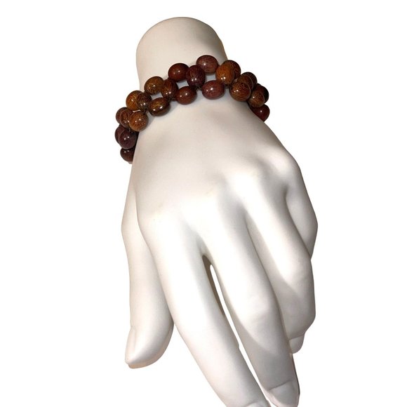 Vintage Woven Wood Bead Bracelet Fun Retro Pattern Unisex Jewelry - Picture 1 of 7